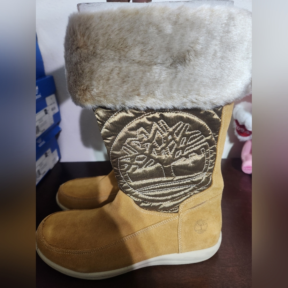 Timberland "Holly Berry" Tan Suede, Nylon Logo, Pull-On Boots Junior 6.5